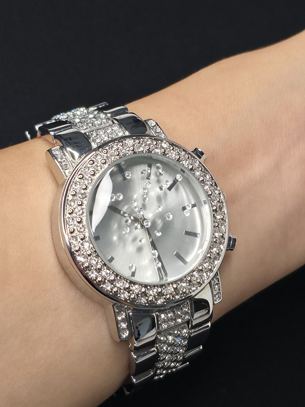 Accutime Silver Iced Out Rhinestone Chunky Fashion Watch 8"